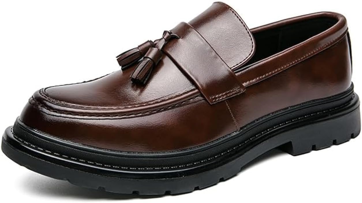 Men¡¯s Leather Tassel Platform Slip on Loafers Luxury Round Toe Lug Sole Non-Slip Dress Shoes Casual Low Block Heel Business Work Office Shoes