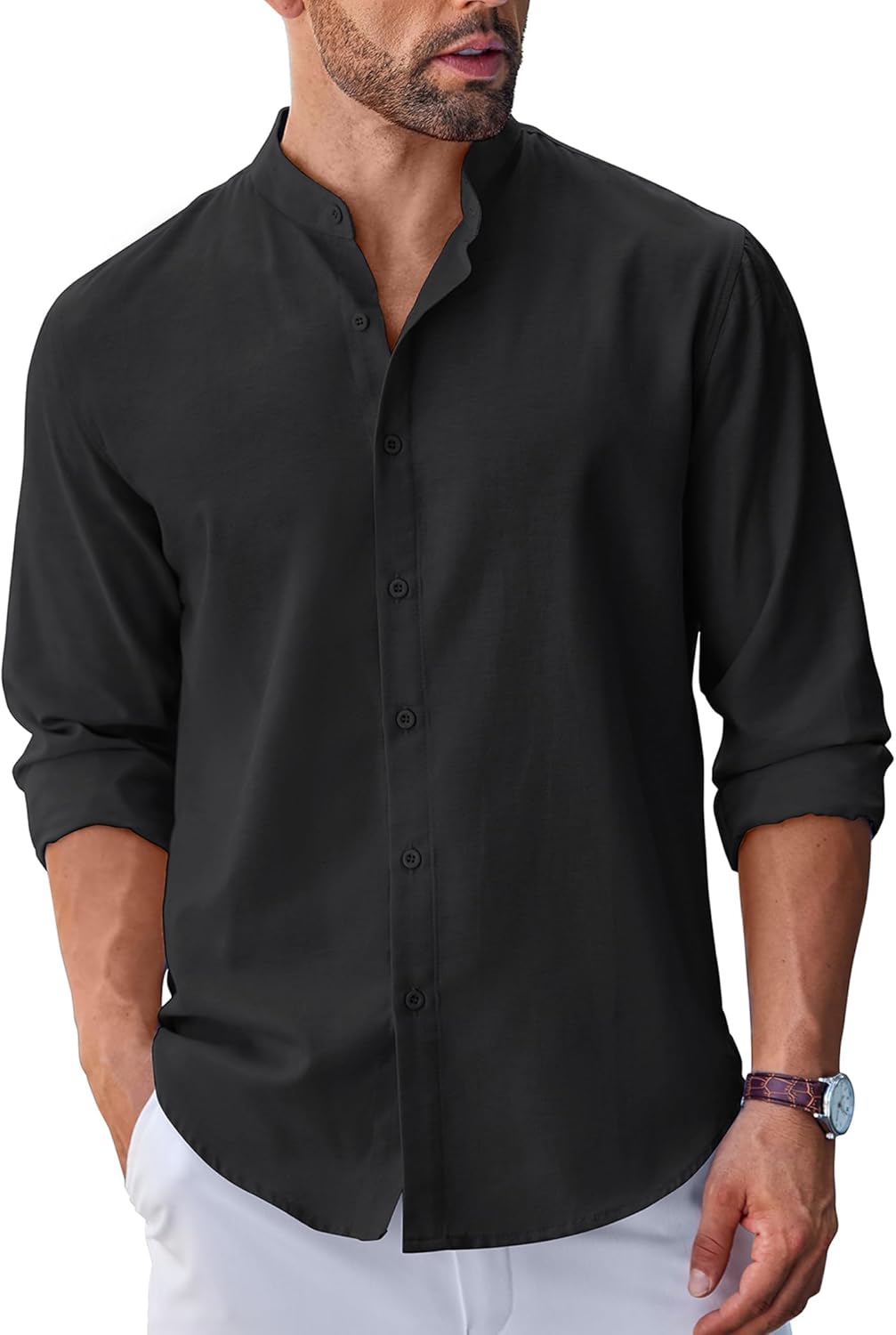 Men¡¯s Long Sleeve Oxford Dress Shirts Chambray Button Down Shirt Casual Band Collar Shirts