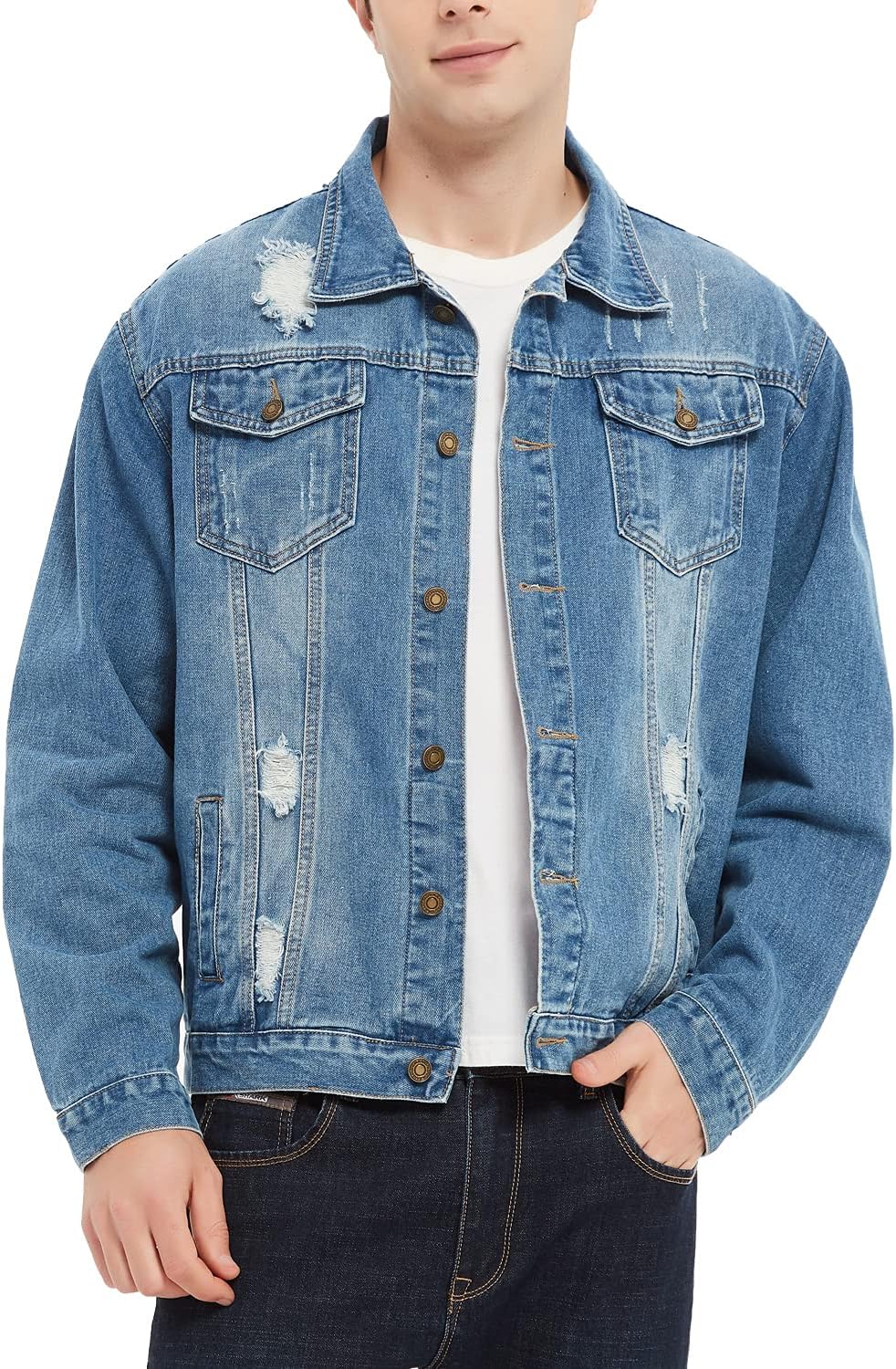 Men¡¯s Denim Trucker Jacket Distressed Ripped Motorcycle Slim Fit Blue Jean Jackets Coat