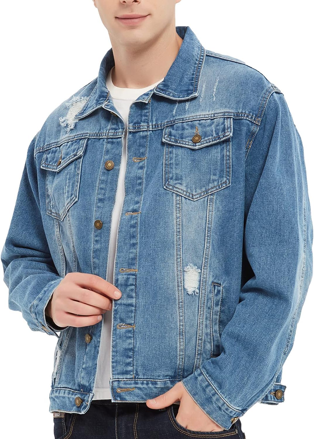 Men¡¯s Denim Trucker Jacket Distressed Ripped Motorcycle Slim Fit Blue Jean Jackets Coat